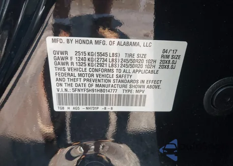 2017 Honda Pilot Touring из США, поврежденный, VIN 5FNYF5H91HB014777